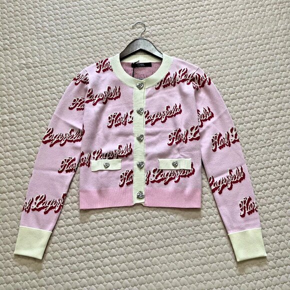 $399 NWT Karl Lagerfeld Women Pink Logo Cardigan Sweater Jacket Rhinestone Heart - Picture 2 of 14